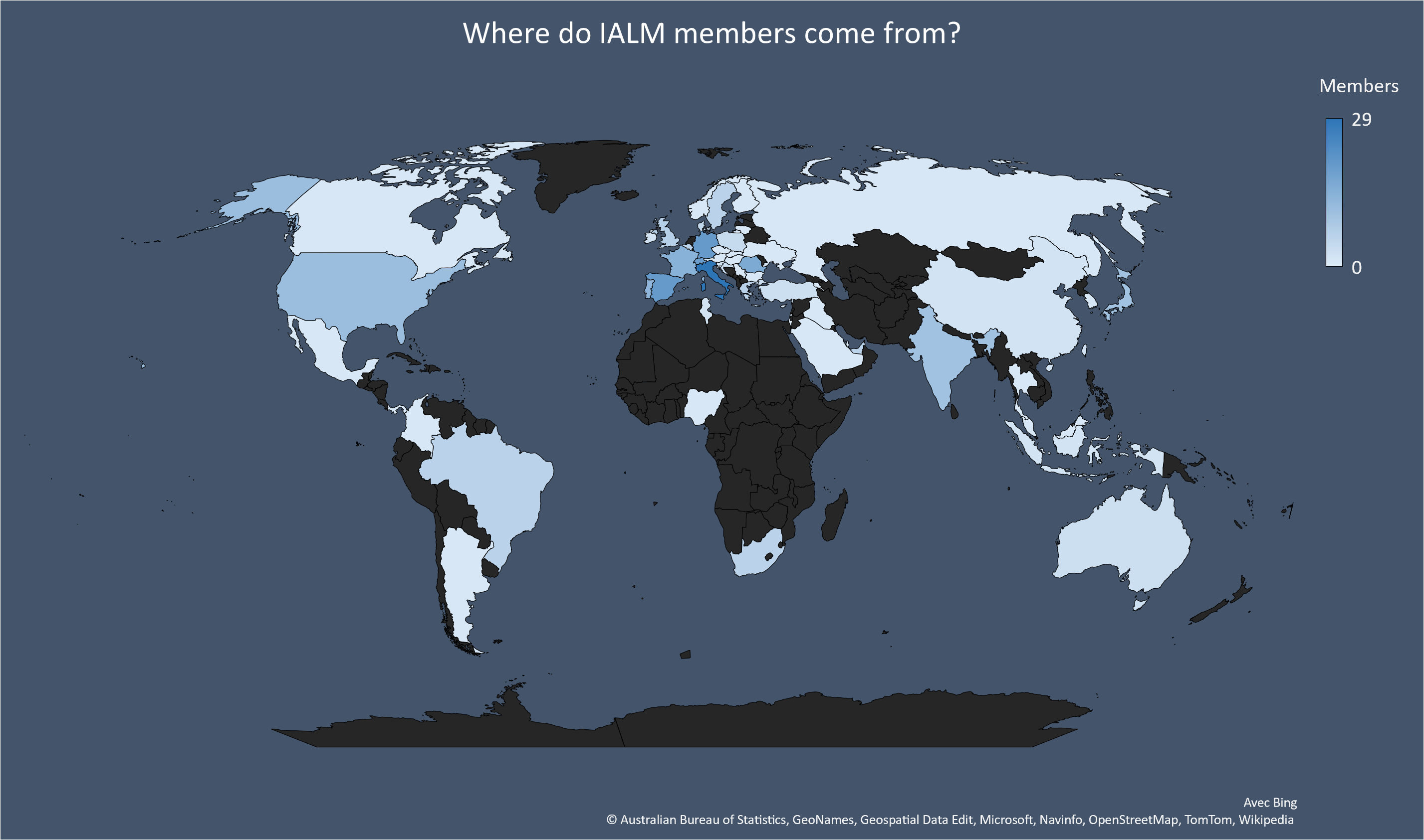 World Map of countries colored depending of where the IALM Members comme from. March 2023